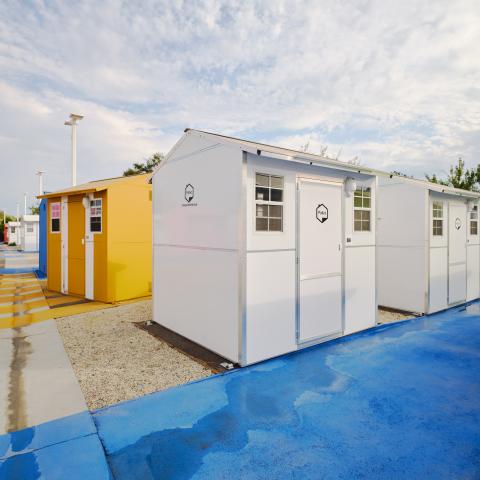 Pallet brand cabin shelters, painted colorfully