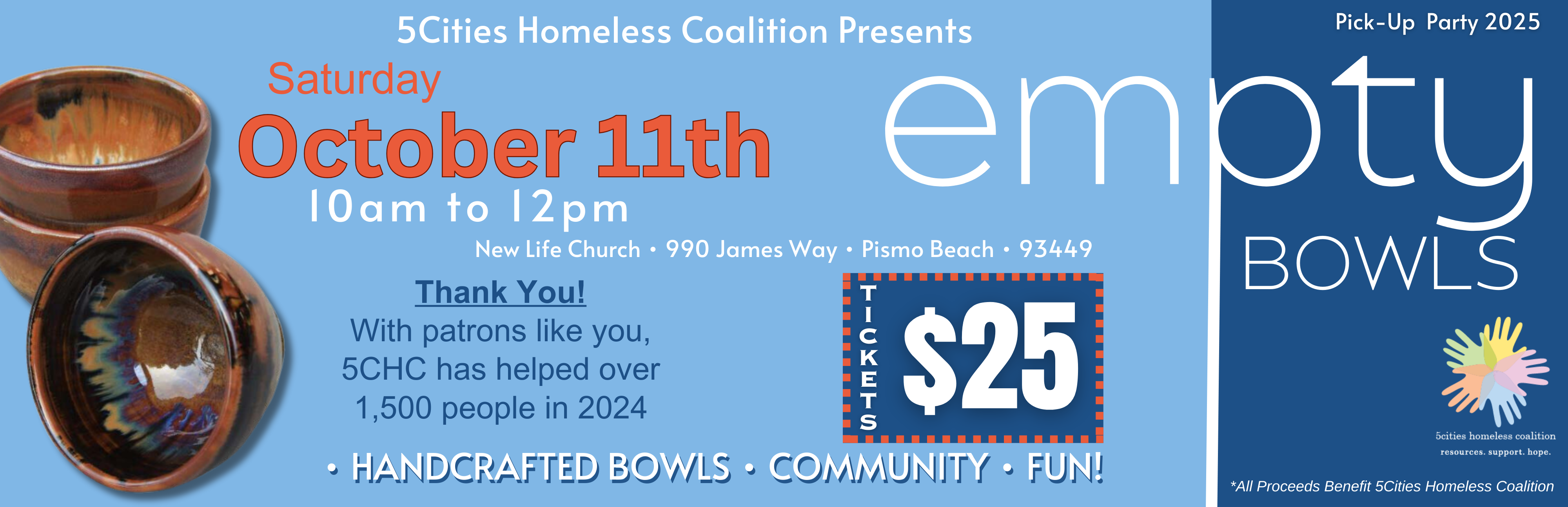 Empty Bowls Pop-Up Party on October 11th from 10 am to 12 pm