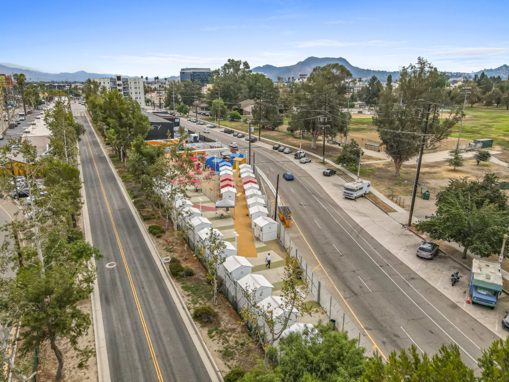 Proposed design of a pallet village in Riverside California, shot from a drone